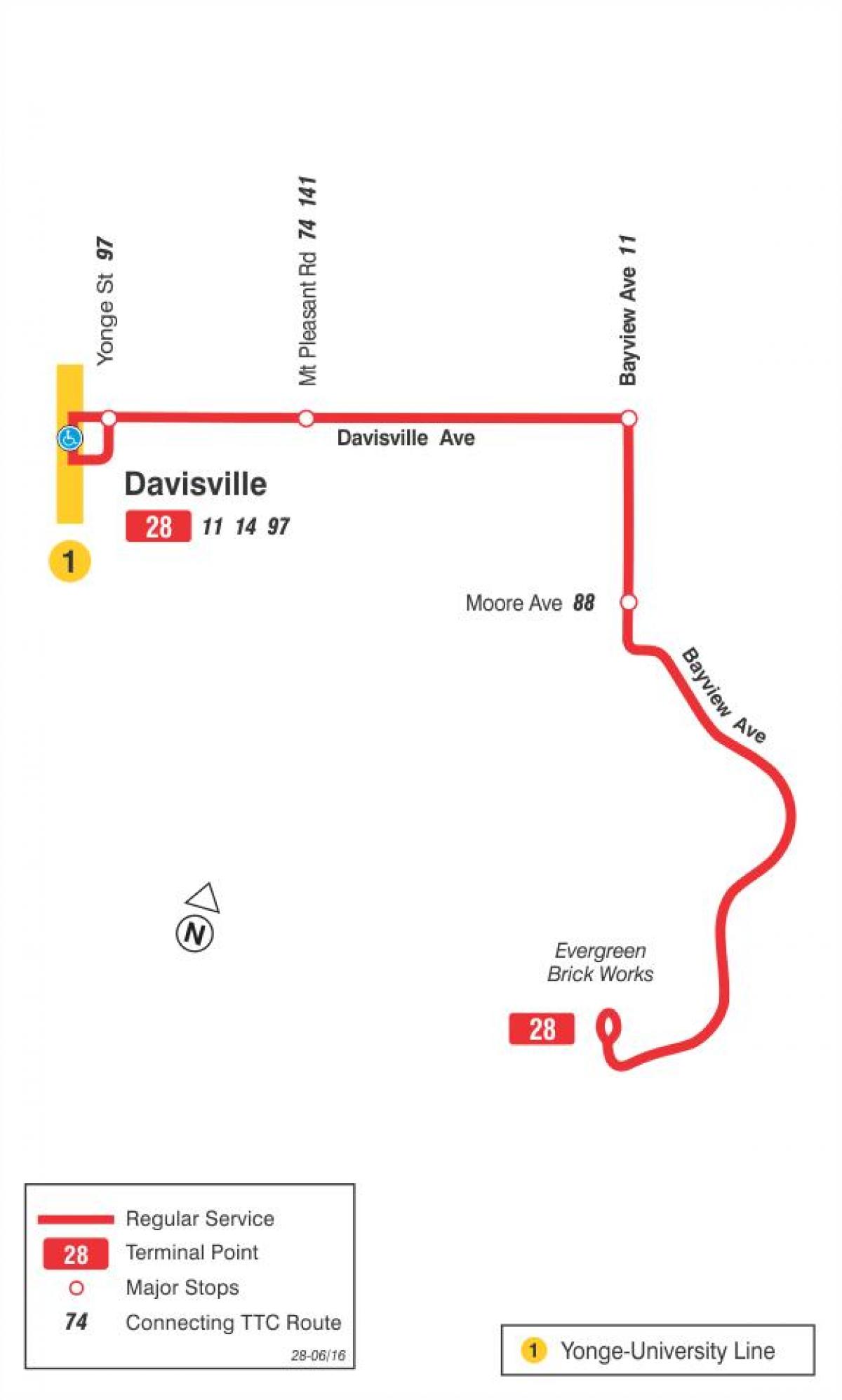 Karte TTC 28 Bayview Dienvidiem autobusu maršrutā Toronto