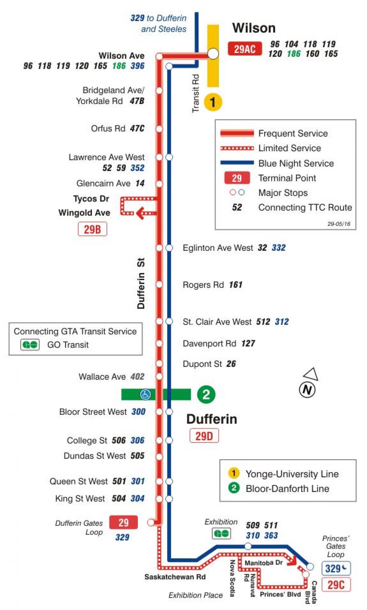 Karte TTC 29 Dufferin autobusu maršrutā Toronto