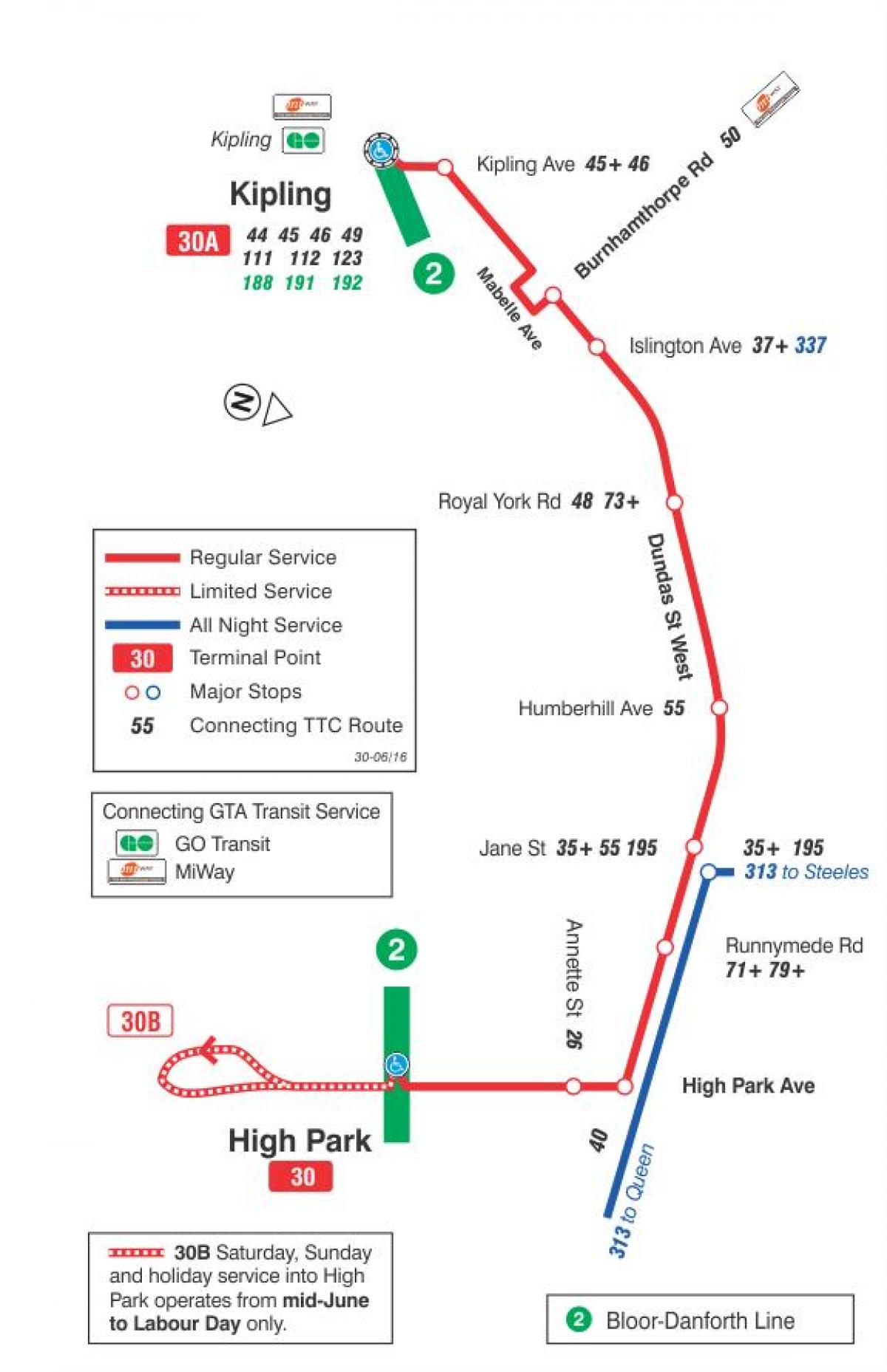Karte TTC 30 Lambton autobusu maršrutā Toronto