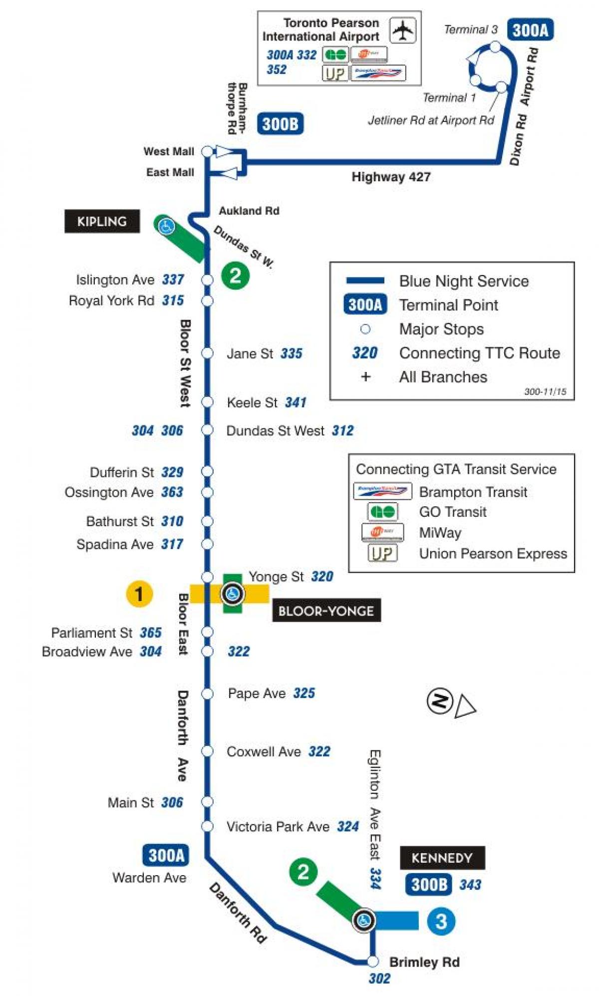 Karte TTC 300A Bloor-Danforth autobusu maršrutā Toronto