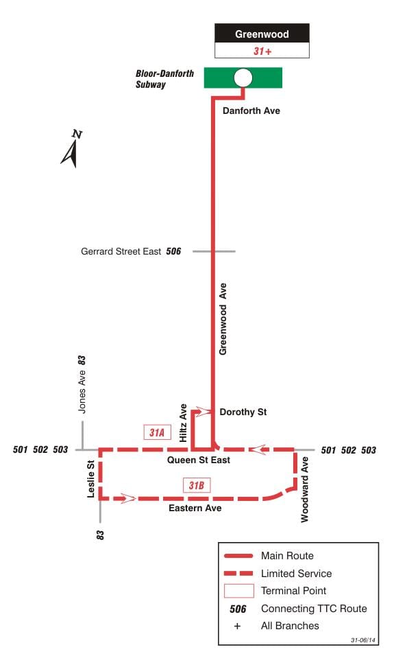 Karte TTC 31 Greenwood autobusu maršrutā Toronto