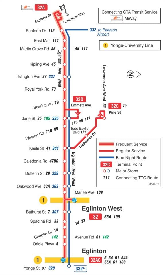 Karte TTC 32 Eglinton Rietumu autobusu maršrutā Toronto