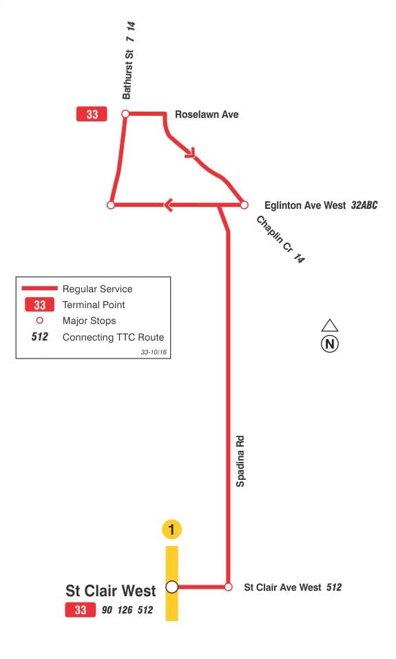 Karte TTC 33 Forest Hill autobusu maršrutā Toronto