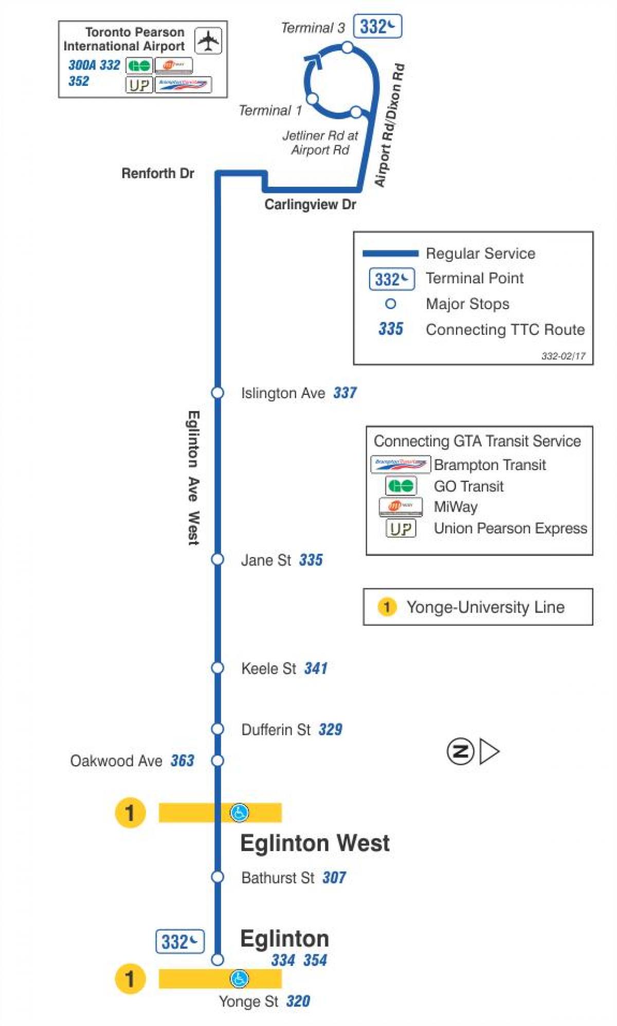 Karte TTC 332 Eglinton Rietumu autobusu maršrutā Toronto
