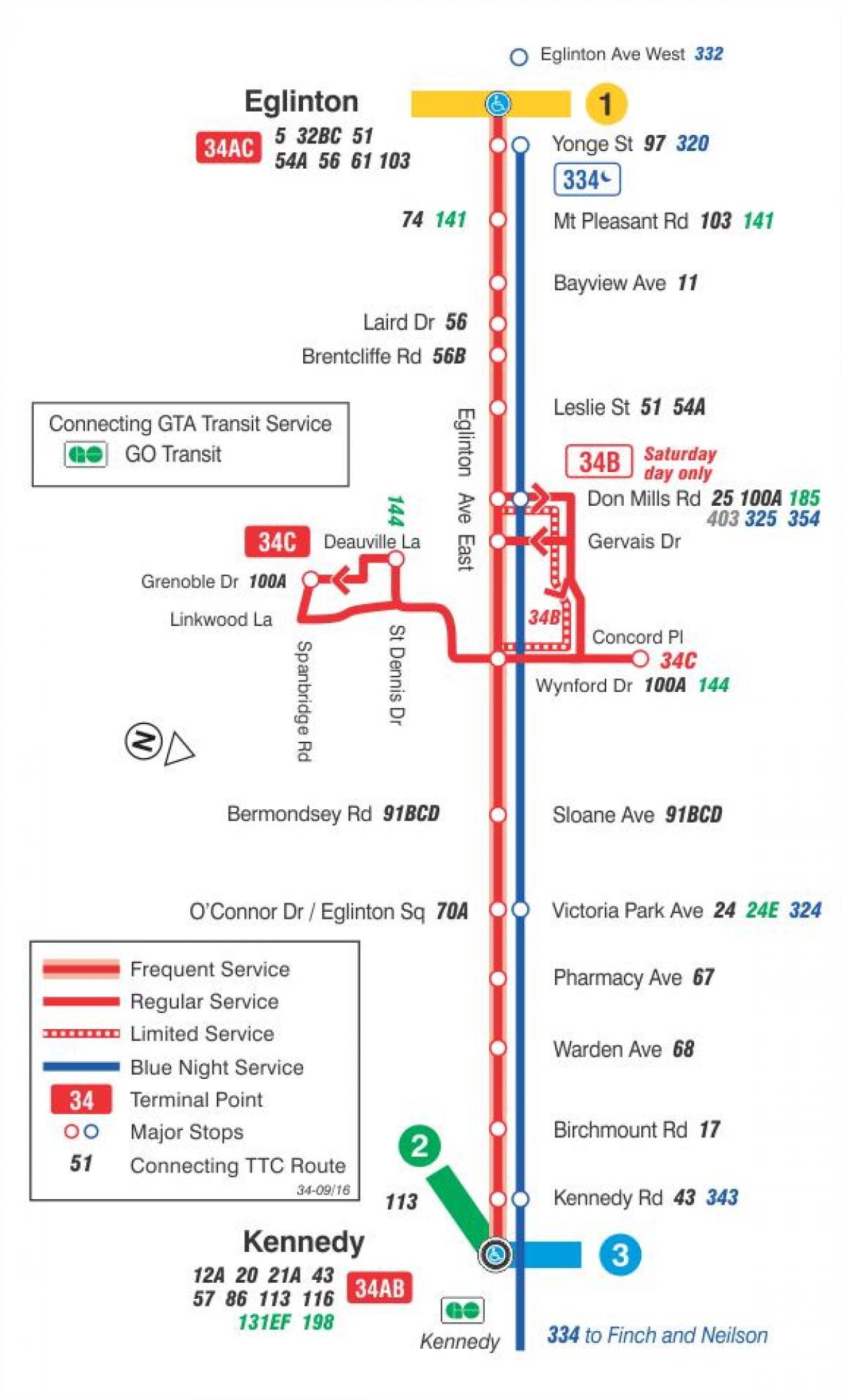 Karte TTC 34 Eglinton Austrumu autobusu maršrutā Toronto