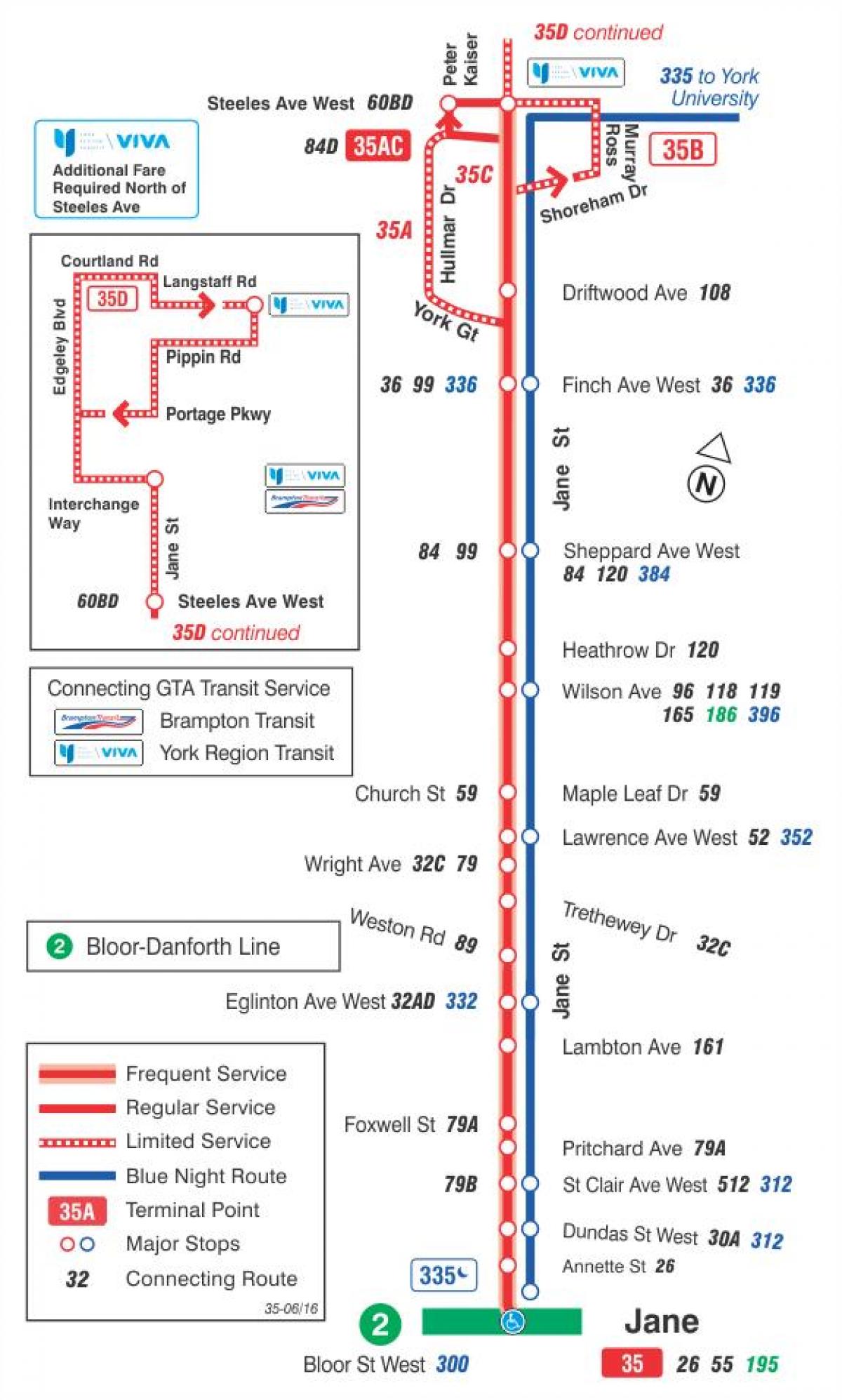Karte TTC 35 Jane autobusu maršrutā Toronto