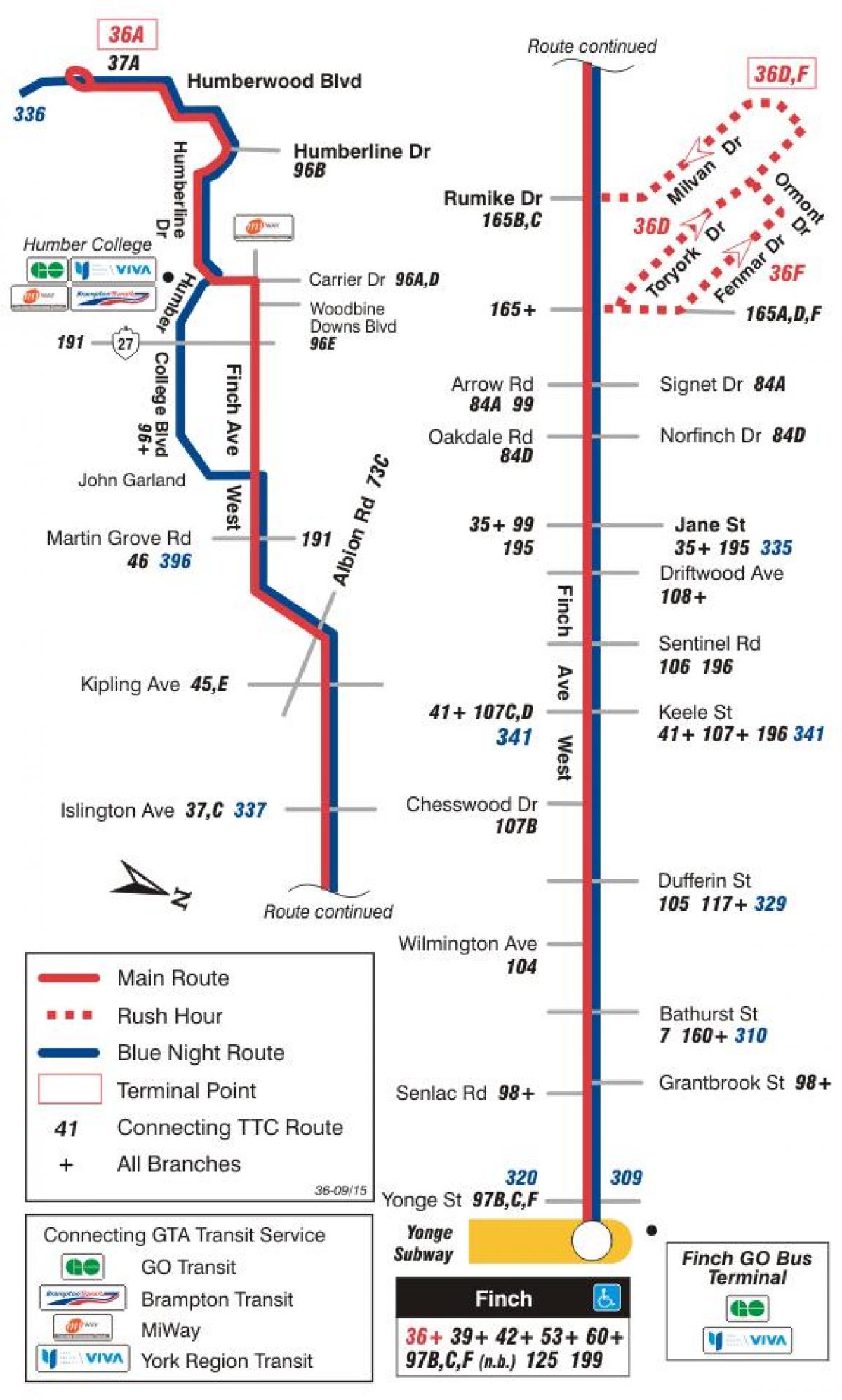 Karte TTC 36 Žubīte Rietumu autobusu maršrutā Toronto