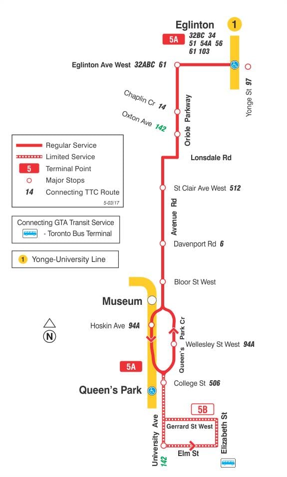 Karte TTC 5 Avenue Rd autobusu maršrutā Toronto