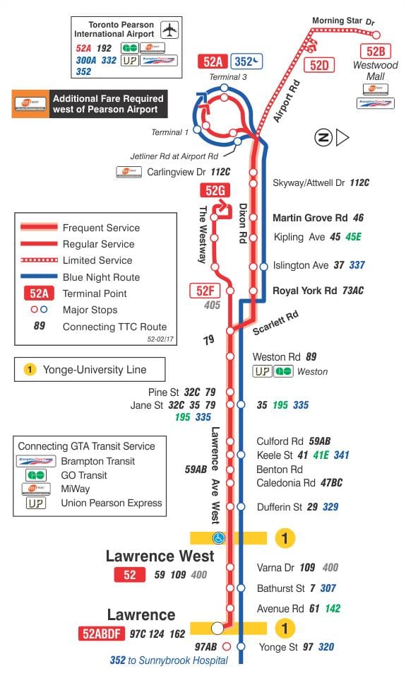 Karte TTC 52 Lawrence West autobusu maršrutā Toronto
