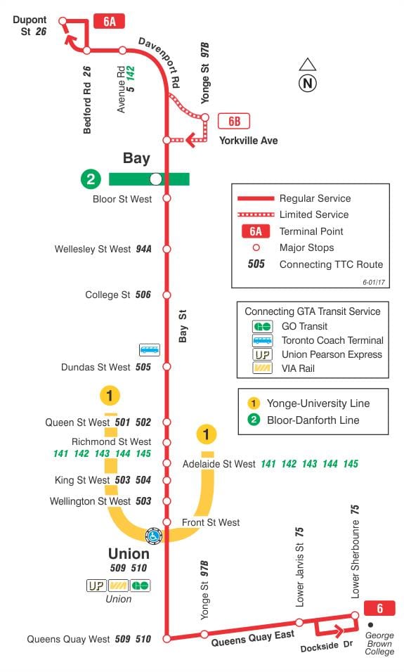 Karte TTC 6 Bay autobusu maršrutā Toronto