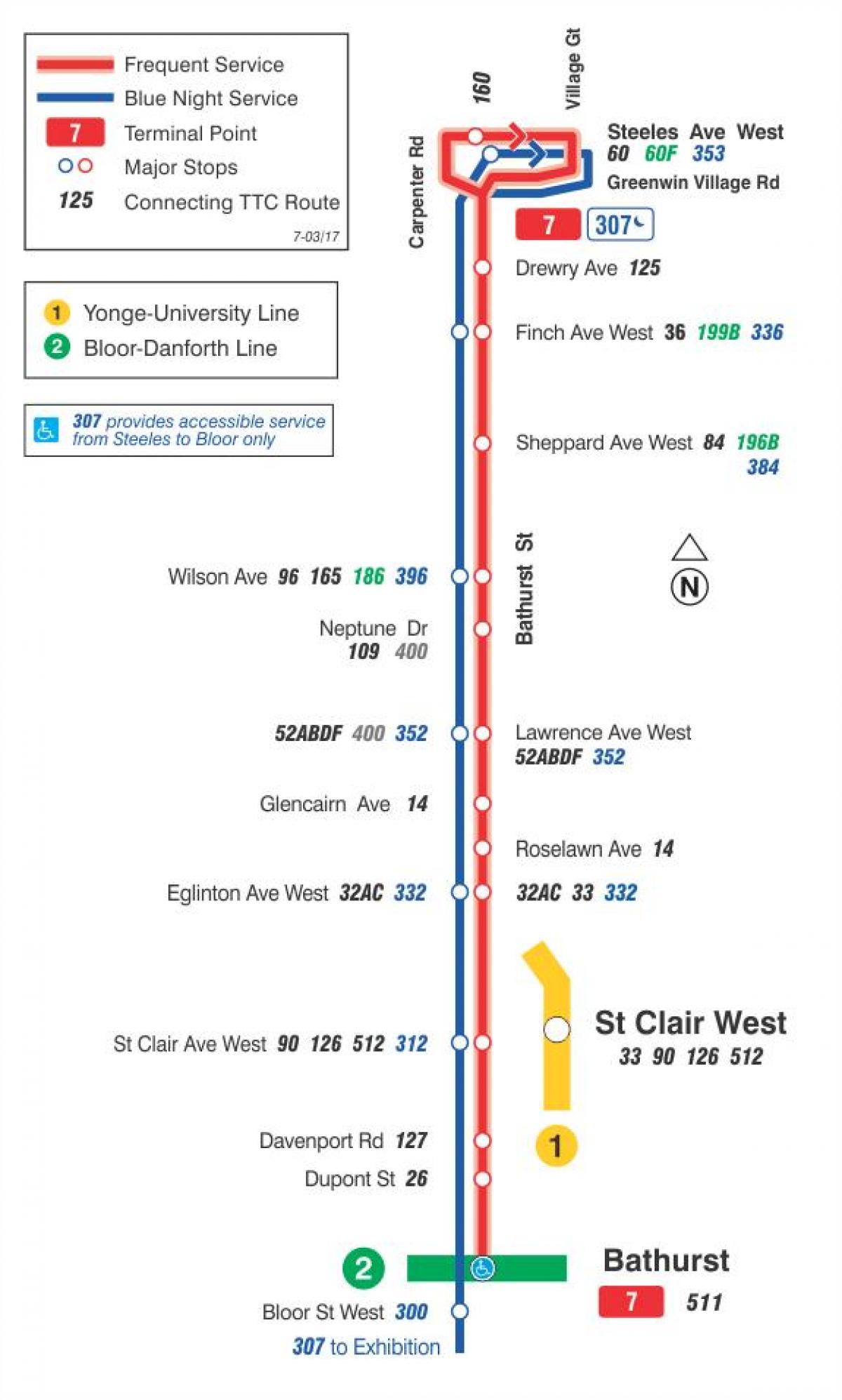 Karte TTC 7 Bathurst autobusu maršrutā Toronto