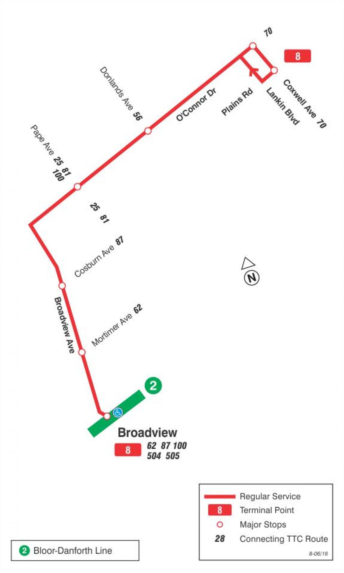 Karte TTC 8 Broadview autobusu maršrutā Toronto
