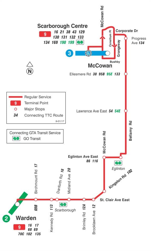 Karte TTC 9 Bellamy autobusu maršrutā Toronto