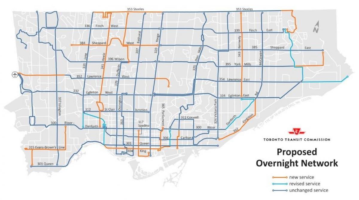 Karte TTC nakti tīkla Toronto