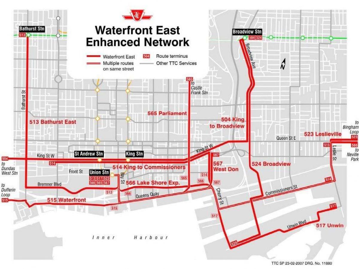 Karte Krastmalu Austrumu uzlabotas tīkla Toronto