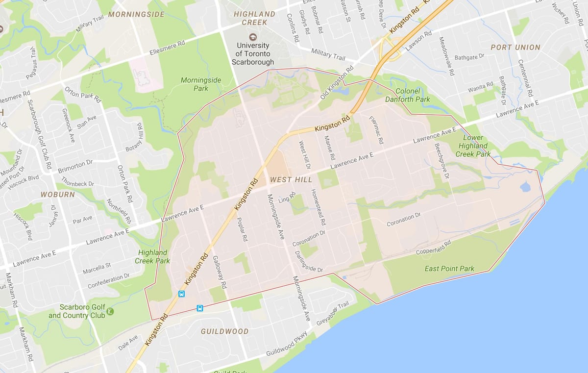 Karte West Hill kaimiņattiecību Toronto