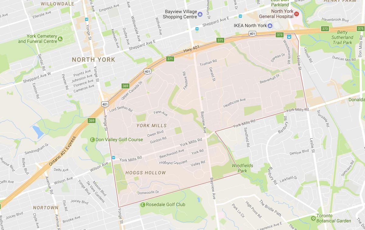 Karte York Mills kaimiņattiecību Toronto