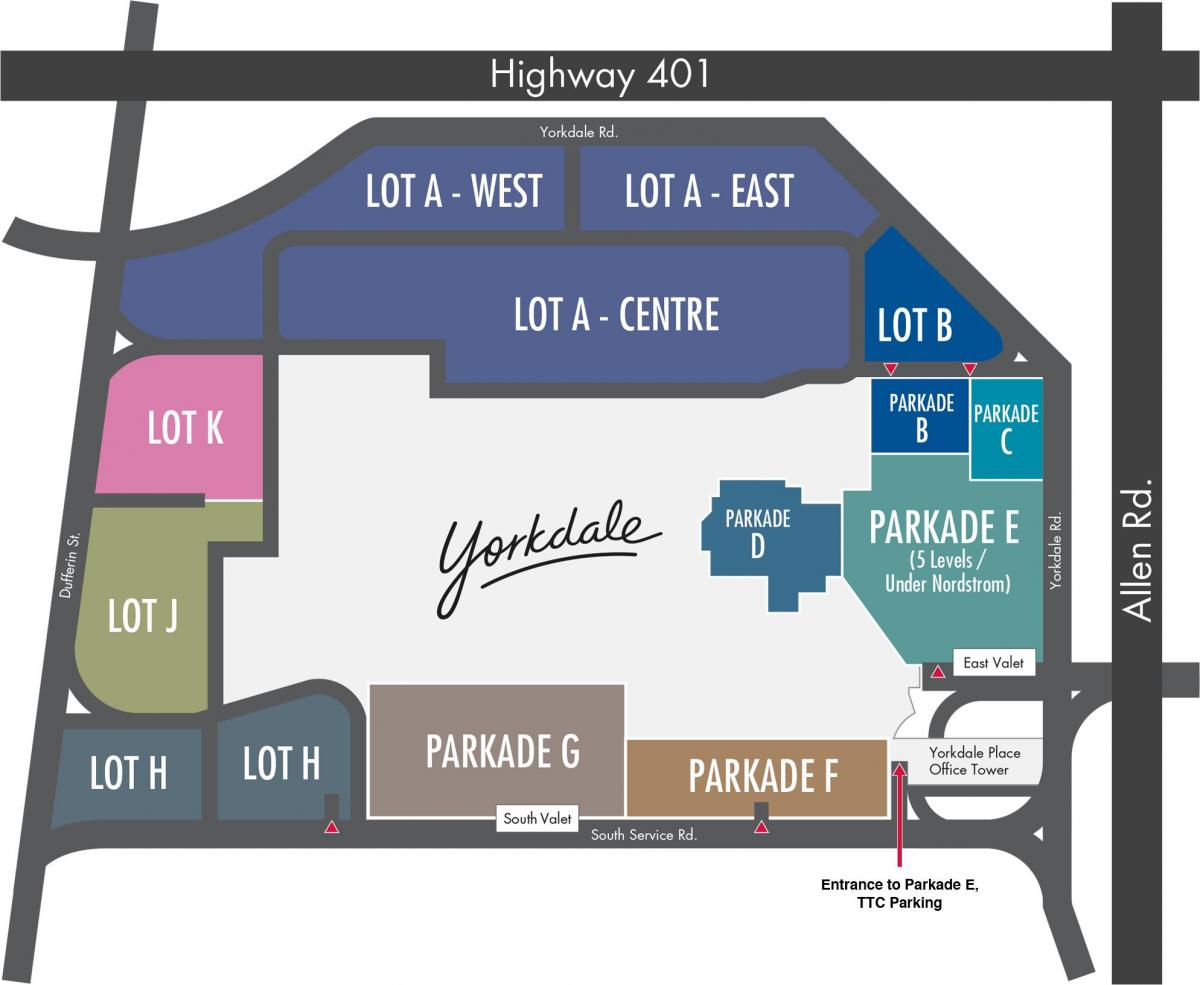 Karte Yorkdale Iepirkšanās Centra autostāvvietas