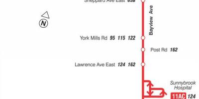Karte TTC 11 Bayview autobusu maršrutā Toronto