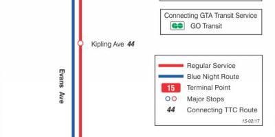 Karte TTC 15 Evans autobusu maršrutā Toronto