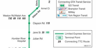 Karte TTC 186 Wilson Raķešu autobusu maršrutā Toronto