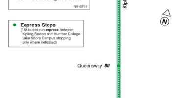 Karte TTC 188 Kipling Dienvidu Raķešu autobusu maršrutā Toronto