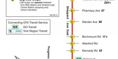 Karte TTC 190 Scarborough Centre Raķešu autobusu maršrutā Toronto