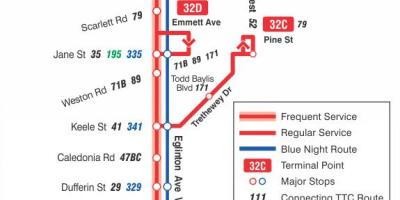 Karte TTC 32 Eglinton Rietumu autobusu maršrutā Toronto