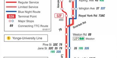 Karte TTC 52 Lawrence West autobusu maršrutā Toronto