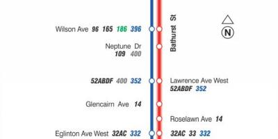 Karte TTC 7 Bathurst autobusu maršrutā Toronto