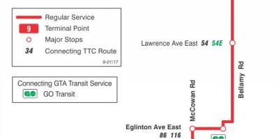 Karte TTC 9 Bellamy autobusu maršrutā Toronto